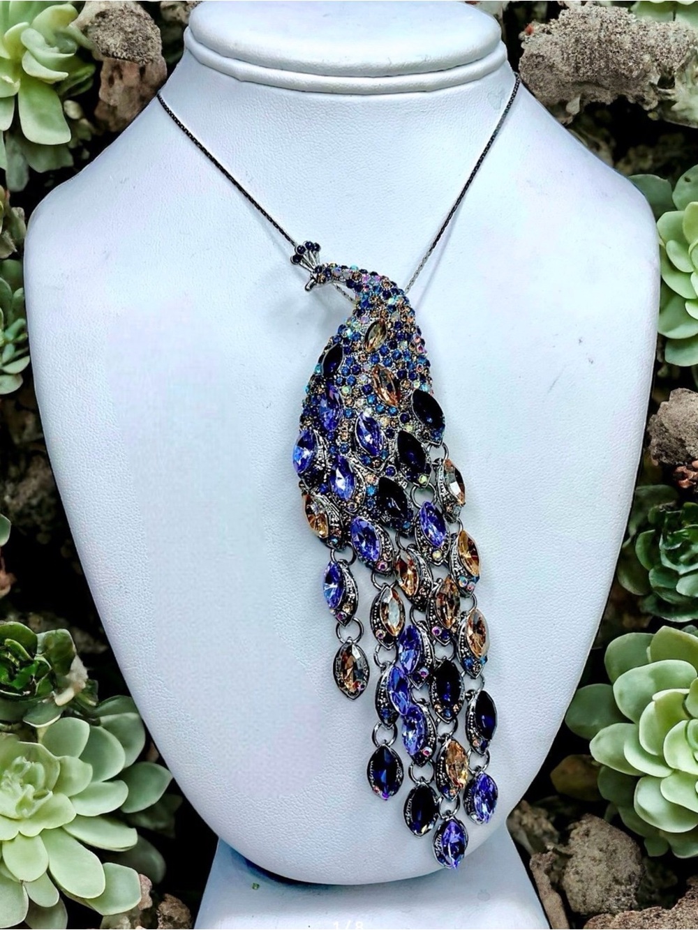 🌺LARGE Vintage Rhinestone Peacock Necklace